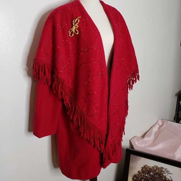 LIKE NEW Vintage Red Wool Fringe Embroidered Pea Coat Western Bohemian Winter - Picture 6 of 16